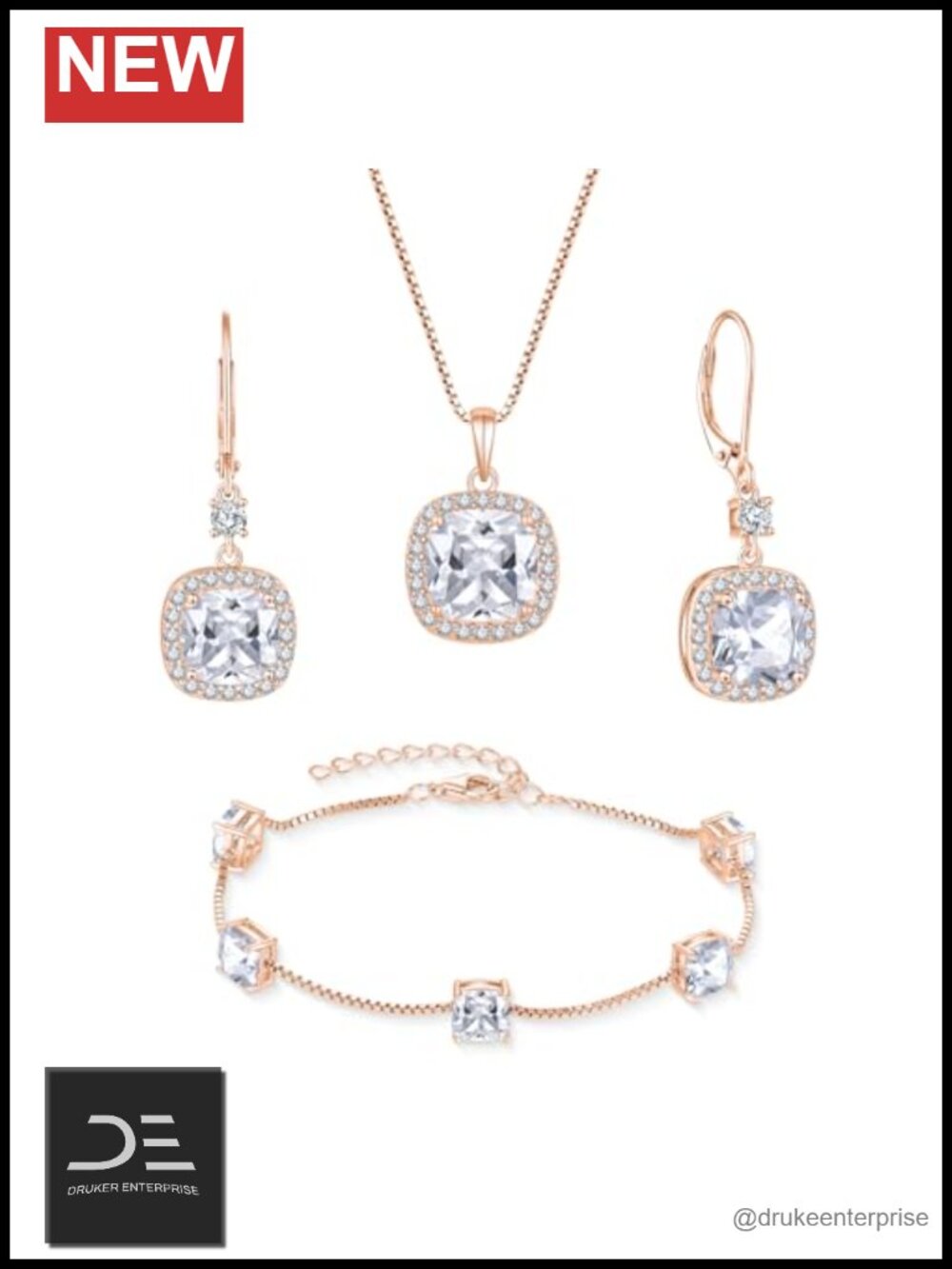 18K Rose Gold Plated 925 Sterling Silver CZ Princess Cut Jewelry Set Earrings